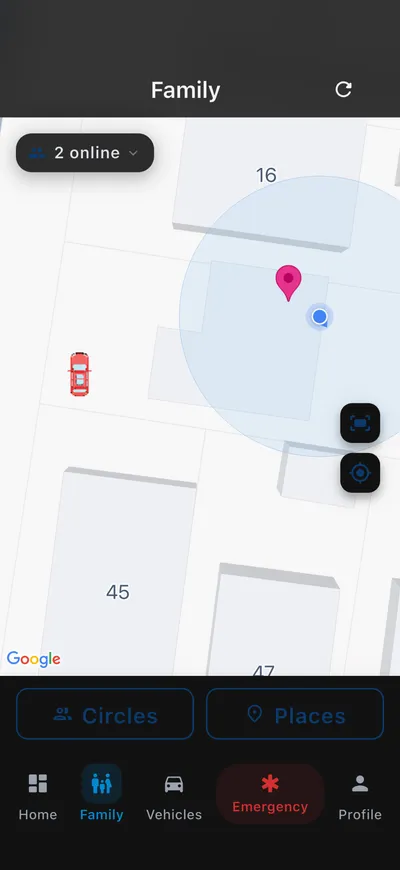 The Guardian Assist live family map showing each family member and a safe zone