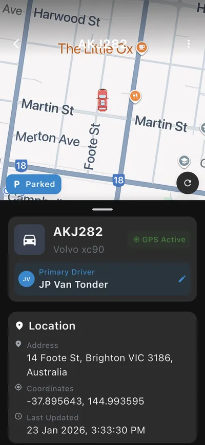 The Guardian Assist vehicle screen showing a car live on the map with its GPS status, driver and address