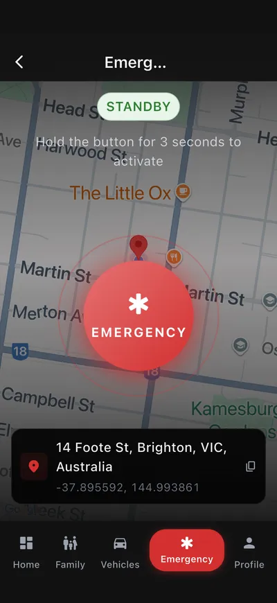 The Guardian Assist Emergency SOS screen — press and hold to call for help
