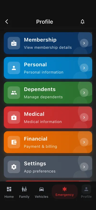 The Guardian Assist Profile menu showing Membership, Personal, Dependents, Medical, Financial and Settings