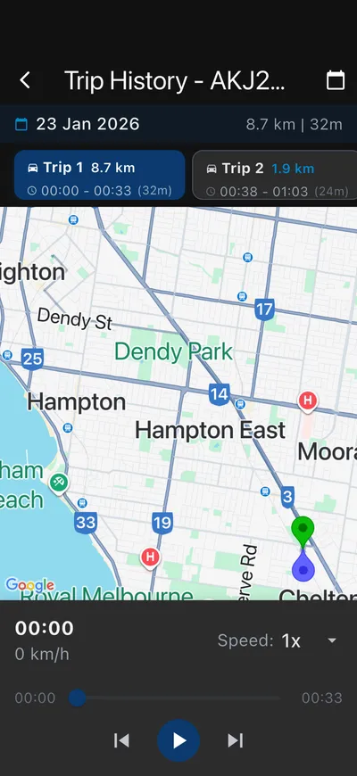 The Guardian Assist trip history screen showing a journey drawn on the map with playback controls