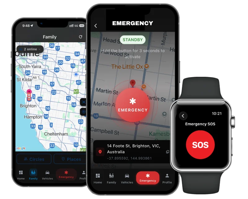 Guardian Assist family safety app on iPhone and Apple Watch — family map, Emergency SOS, and Watch app