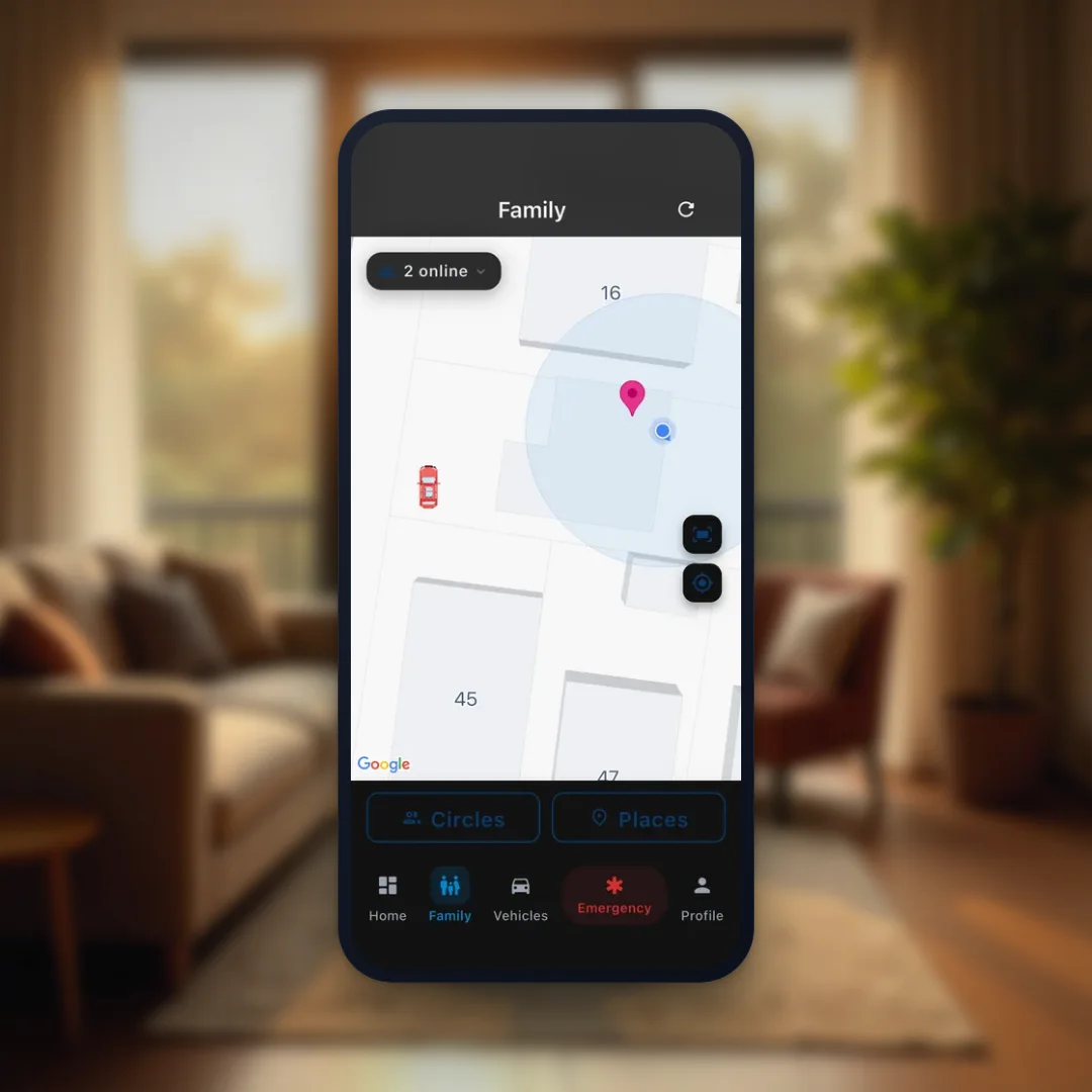 Guardian Assist live family map showing members and safe zone