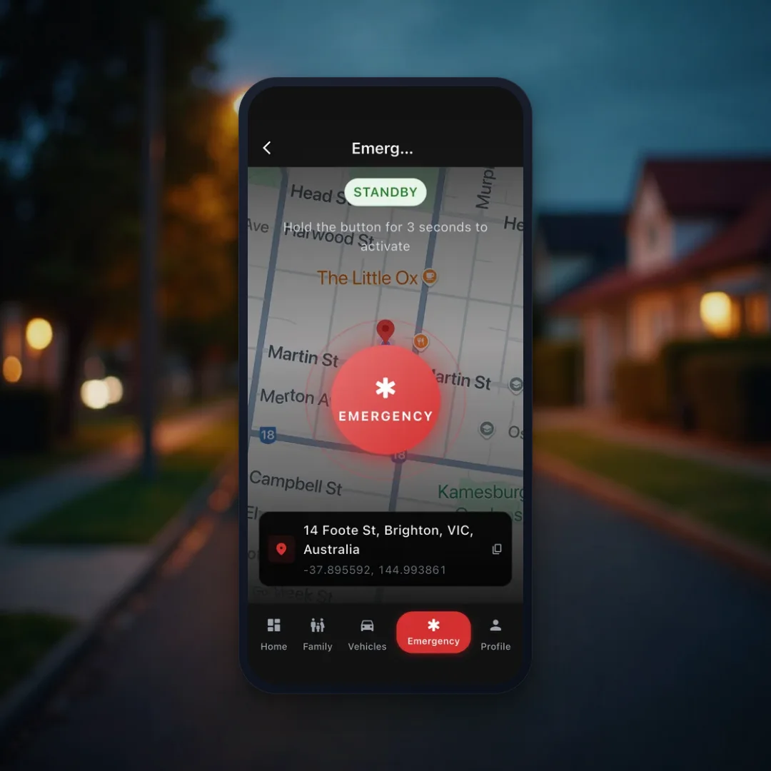Guardian Assist app Emergency SOS screen — hold to activate